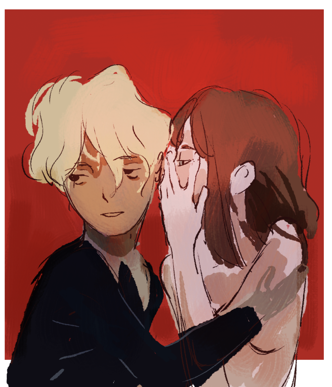 Illustration of a girl whispering into a boy's ear with a red background